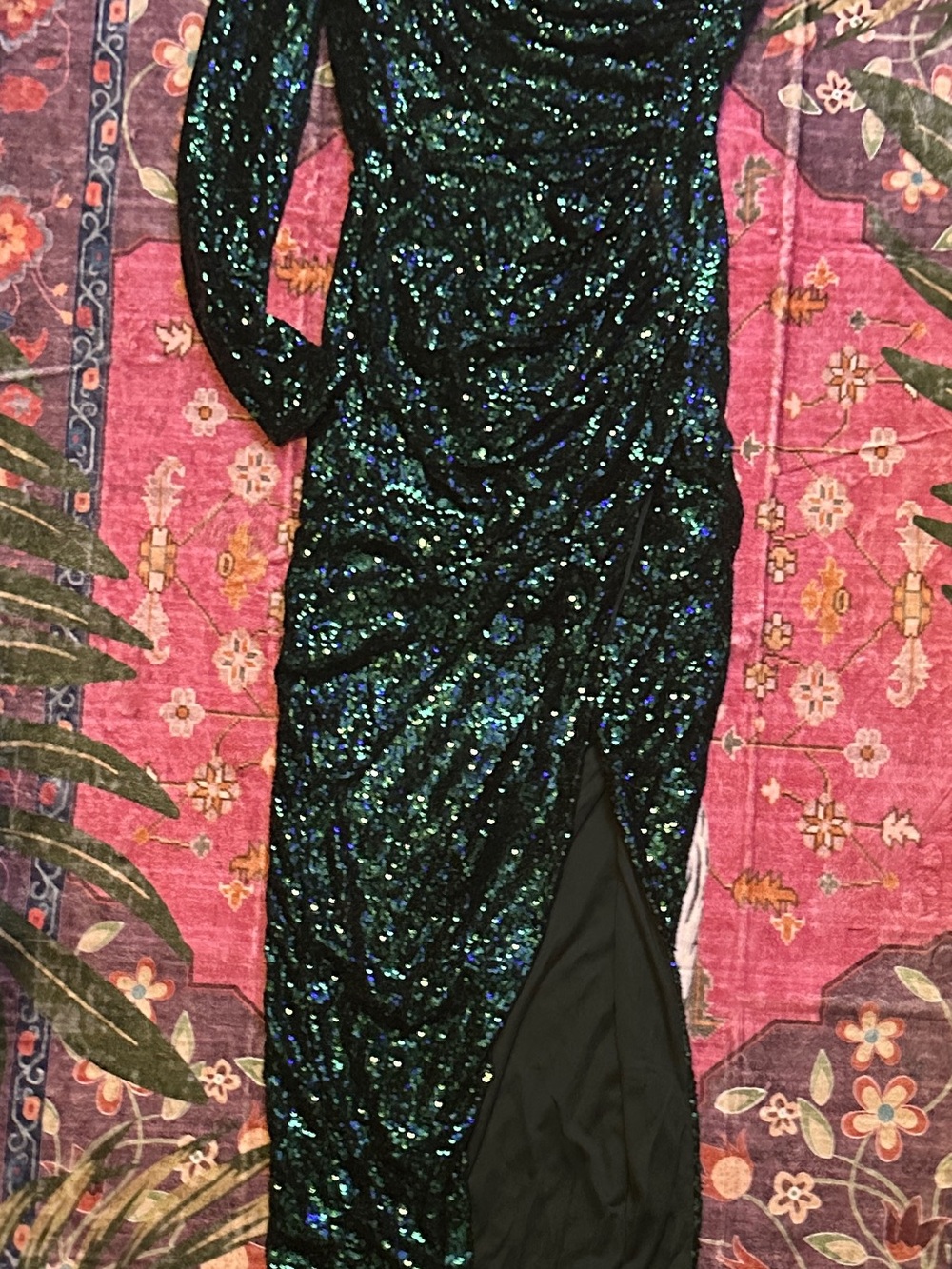 Fashion Nova Iridescent Green-Blue Sequin Long Sleeve Gown